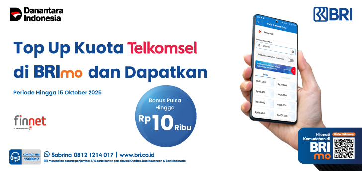 Bonus Pulsa Hingga 10 Ribu Top Up Kuota Telkomsel di BRImo