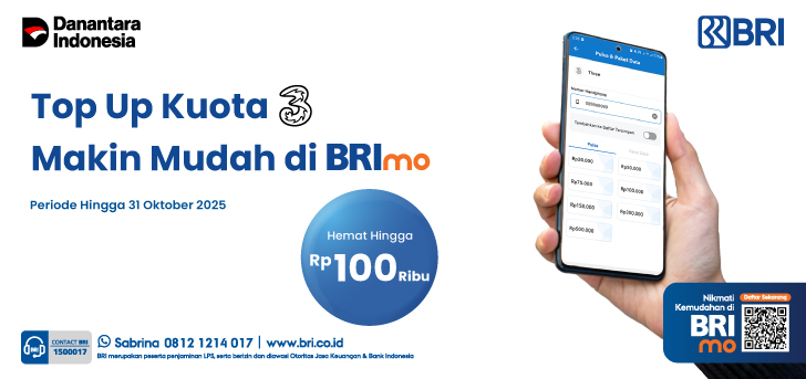 Top Up Kuota 3 di BRImo, Dapatkan Potongan Hingga Rp100 Ribu