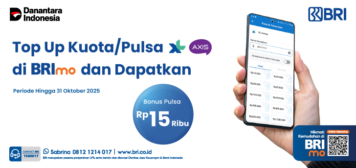 Bonus Pulsa Up To 15 Ribu Top Up Kuota XL AXIS di BRImo