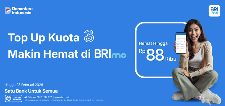 Promo Spesial Top Up Kuota 3 di BRImo Hemat Hingga Rp88 Ribu